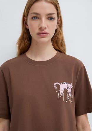 M1613726-81959 Kadın Kahverengi Baskılı T-shirt - 3