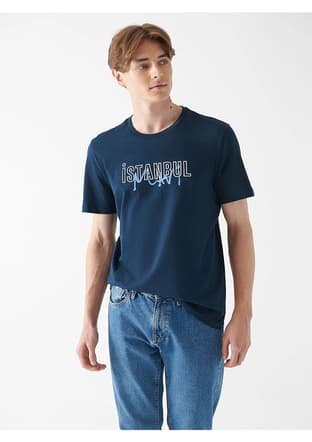 M067114-34319 Erkek Lacivert Baskılı T-shirt - 1