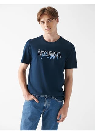 M067114-34319 Erkek Lacivert Baskılı T-shirt - 2