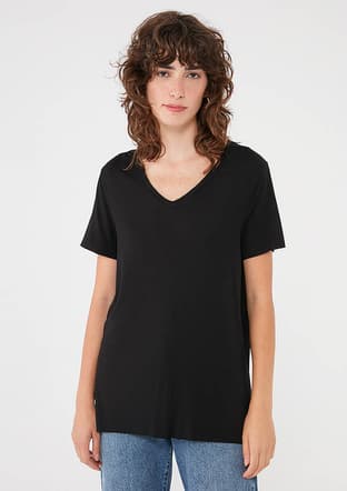 M166775-900 Kadın Siyah V Yaka T-shirt - 1
