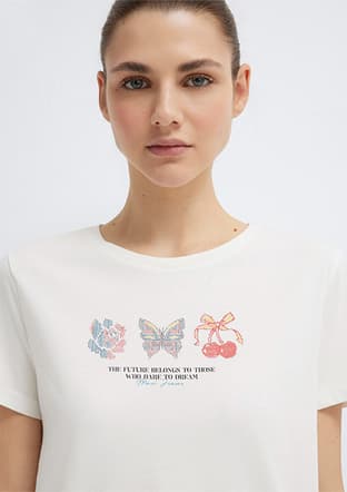 M1613744-80194 Kadın Beyaz Baskılı T-shirt - 3