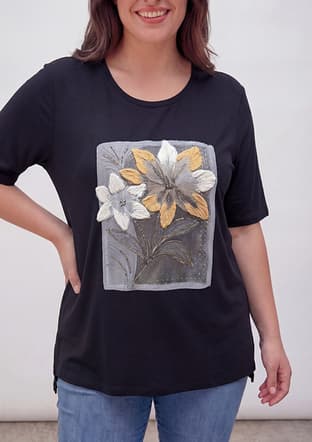 O6902 Kadın Siyah Baskılı T-shirt - 2