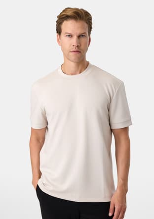 B35S10020 Erkek Bej Bisiklet Yaka T-shirt - 1