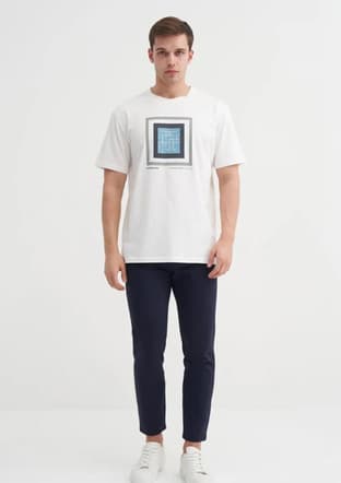 44170 Erkek Beyaz Bisiklet Yaka T-shirt - 1