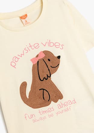 5Smg10032Ak Kız Çocuk Bej Baskılı T-shirt - 3