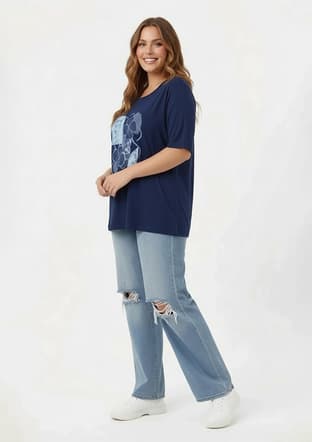O6811 Kadın Lacivert Baskılı T-shirt - 2