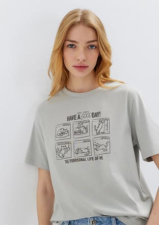  - M1613876-70075 Kadın Gri Baskılı T-Shirt - 1