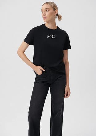  - M1611594-900 Kadın Siyah Baskılı T-Shirt - 1