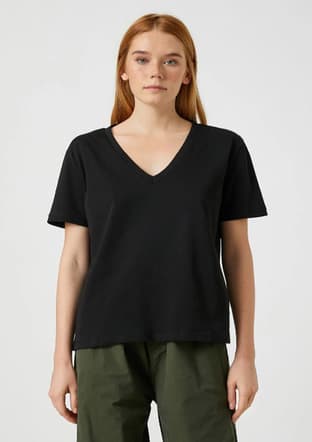 3Sak60002Ek Kadın Siyah V Yaka T-shirt - 1