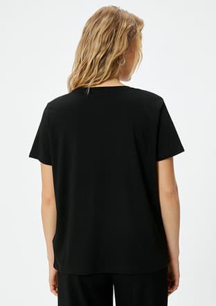 4Sak50175Ek Kadın Siyah Bisiklet Yaka T-shirt - 2