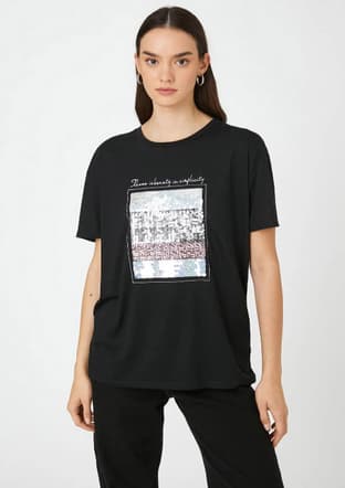 3Sak50032Ek Kadın Siyah Bisiklet Yaka T-shirt - 1
