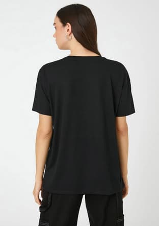3Sak50032Ek Kadın Siyah Bisiklet Yaka T-shirt - 2