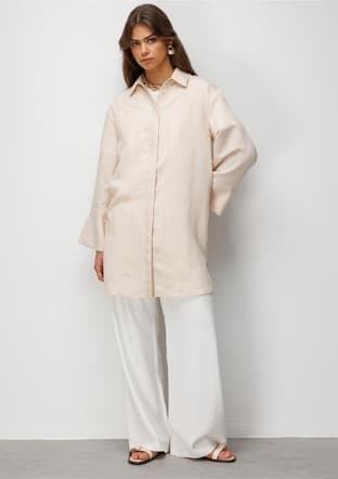 - M2MZ1030210249 Kadın Bej Armürlü Modern Kesim Uzun Tunik - 1