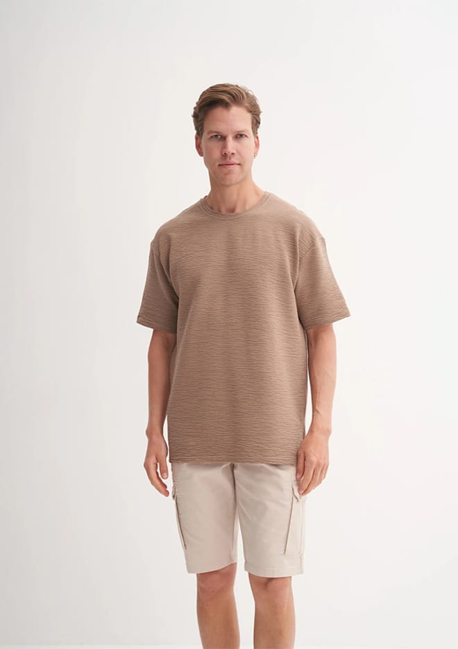 25Yceeo04181 Erkek Bej Bisiklet Yaka T-shirt