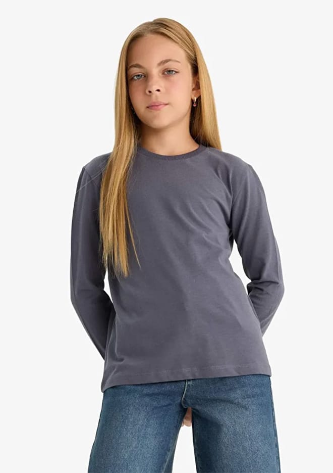 E6486A8Dfa Kız Çocuk Antrasit Uzun Kol T-shirt