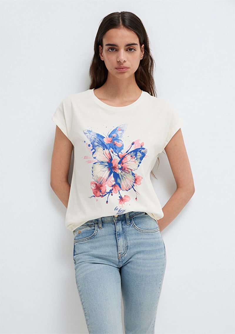 M1613718-80194 Kadın Beyaz Baskılı T-shirt