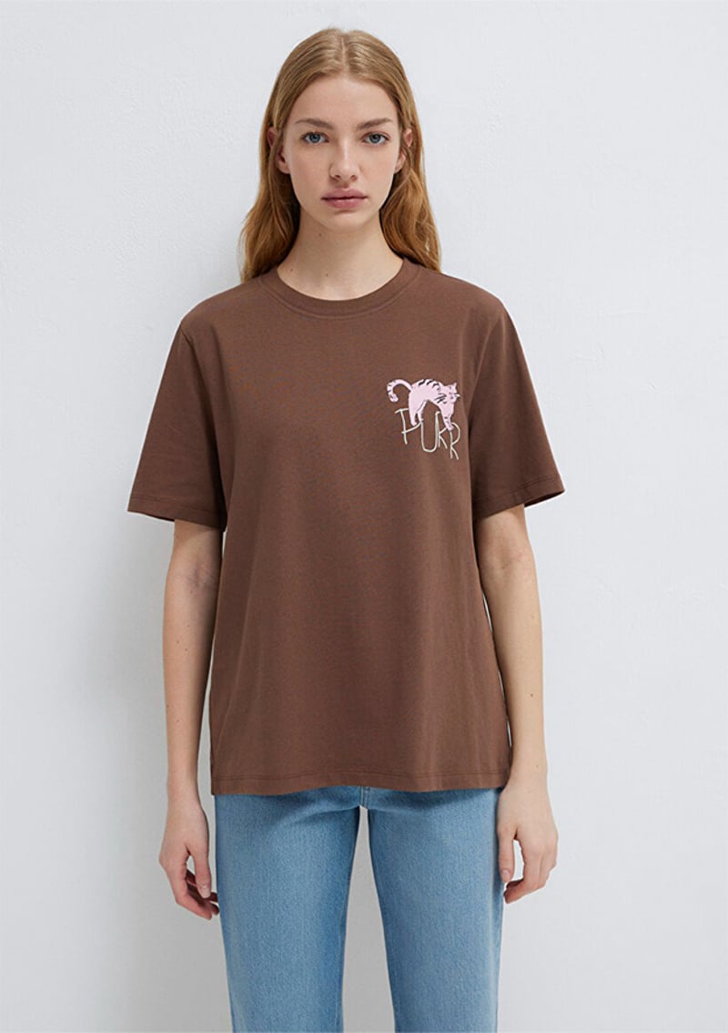 M1613726-81959 Kadın Kahverengi Baskılı T-shirt