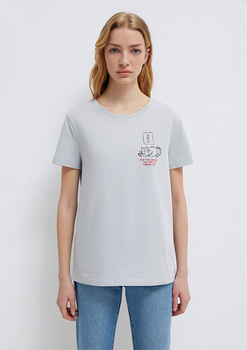 M1613722-70075 Kadın Gri Baskılı T-shirt