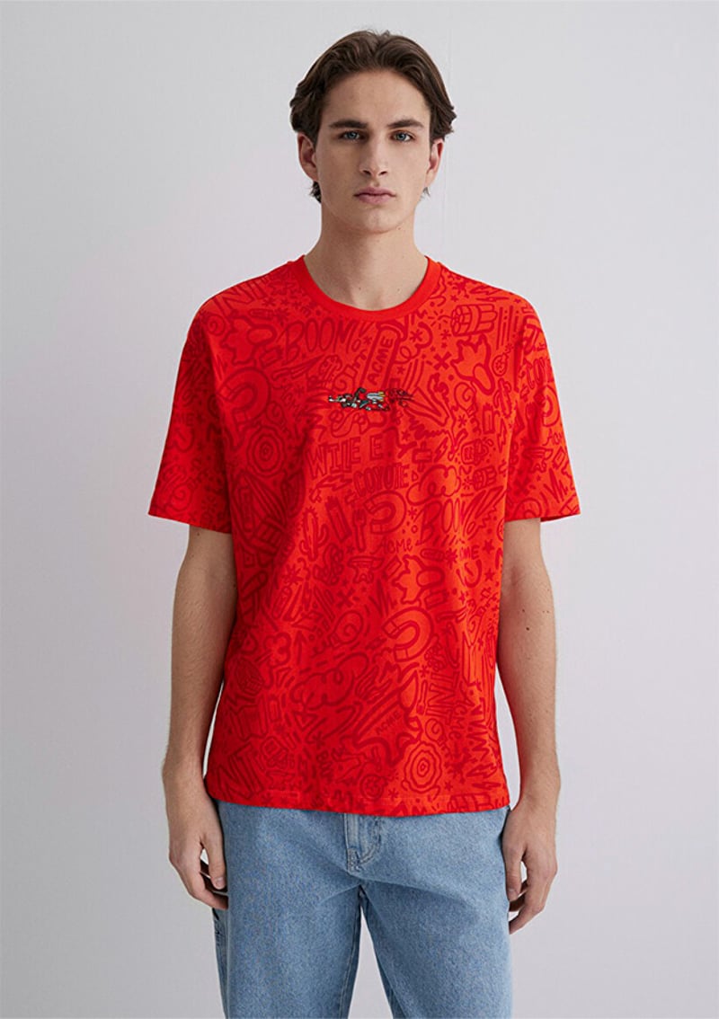 M0611244-70471 Erkek Kırmızı Baskılı T-shirt