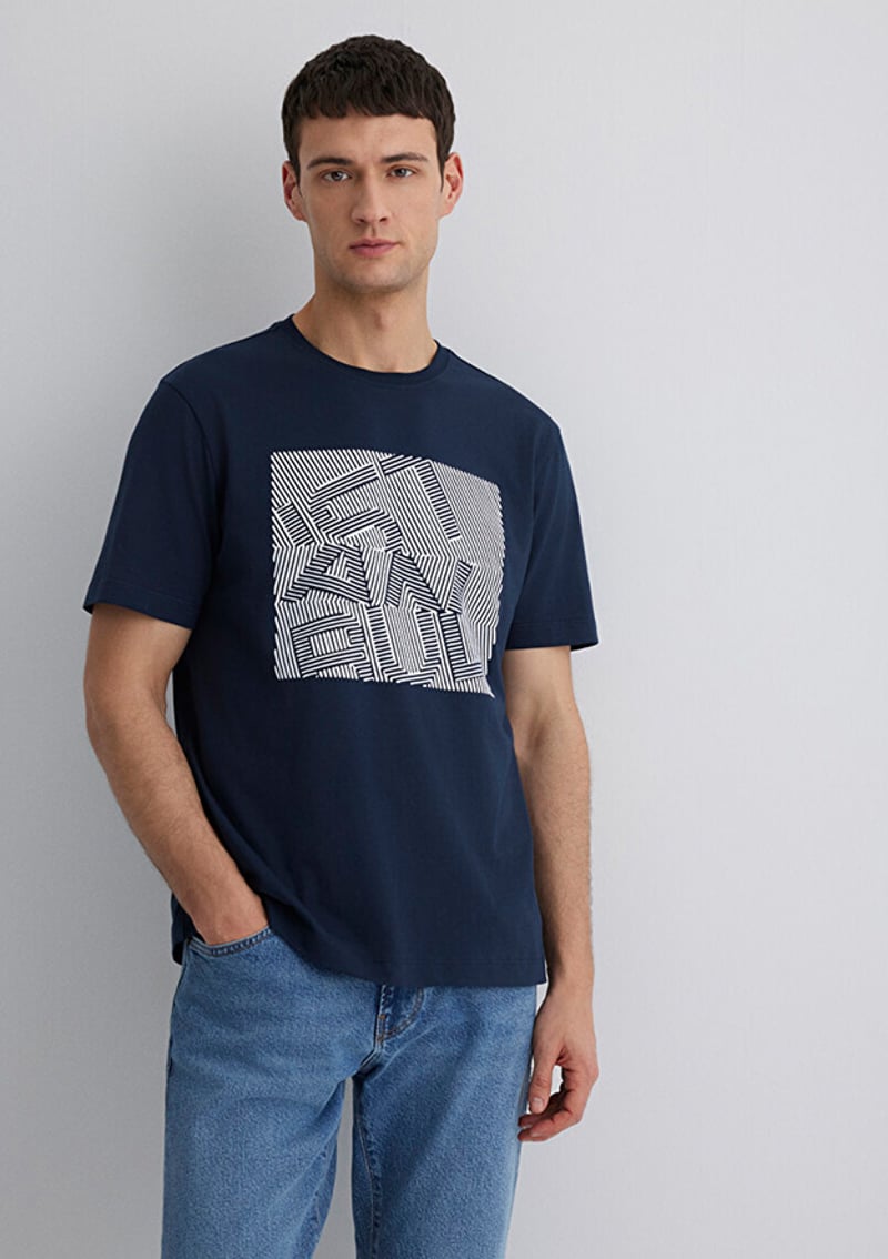 M0612990-70490 Erkek Lacivert Baskılı T-shirt