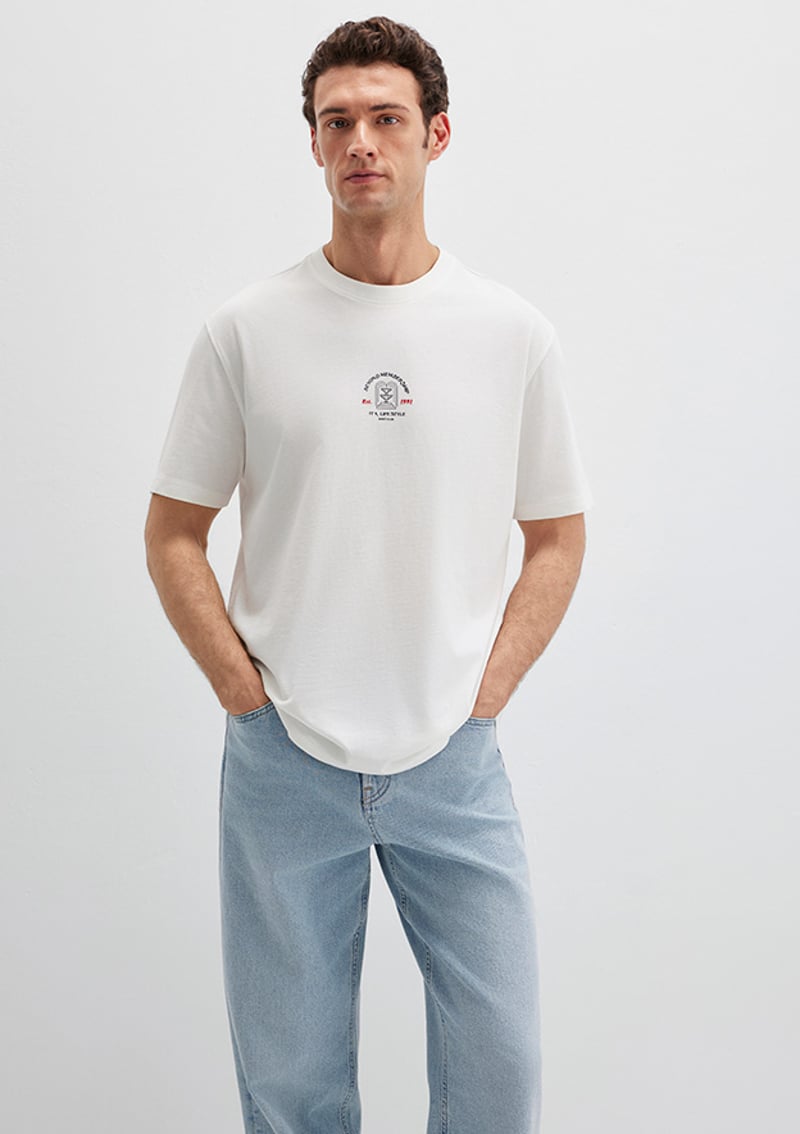 M0613160-70057 Erkek Beyaz Baskılı T-shirt