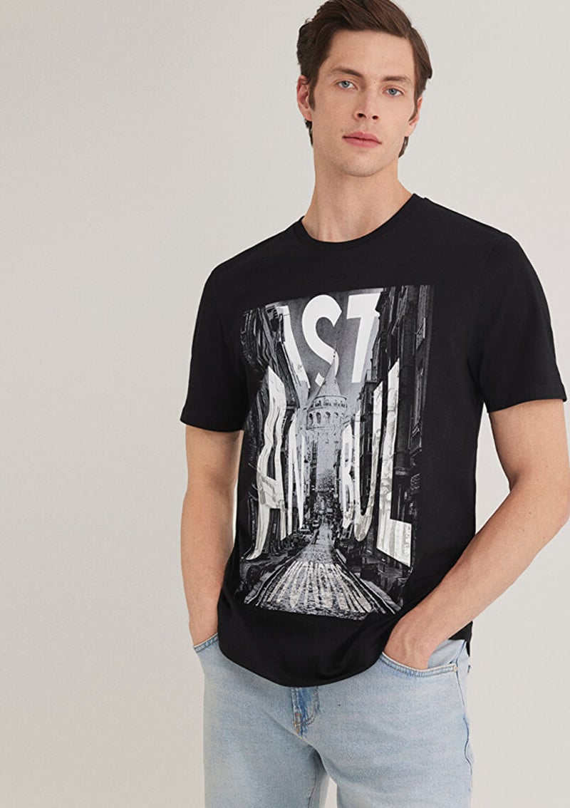 M067053-900 Erkek Siyah Baskılı T-shirt