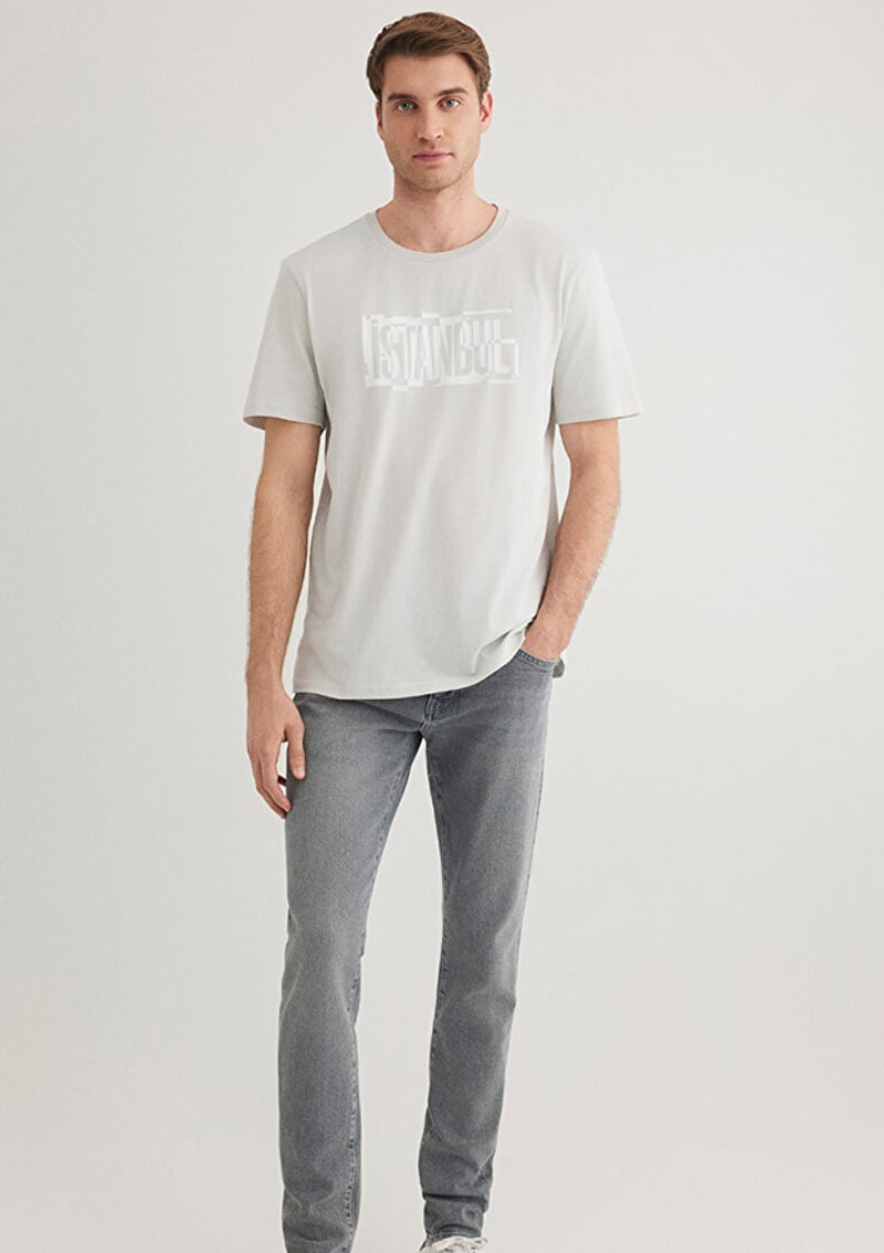 M0611789-80618 Erkek Gri Baskılı T-shirt