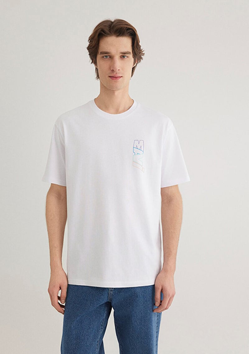 M0612350-620 Erkek Beyaz Baskılı T-shirt