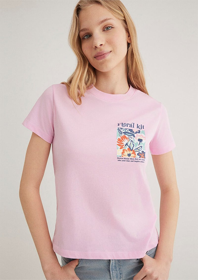 M1612956-71117 Kadın Pembe Baskılı T-shirt