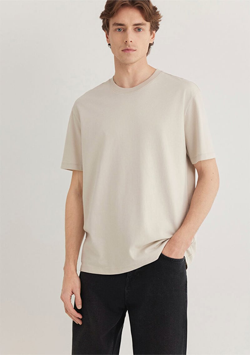 M066249-70144 Erkek Bej Kısa Kol T-shirt