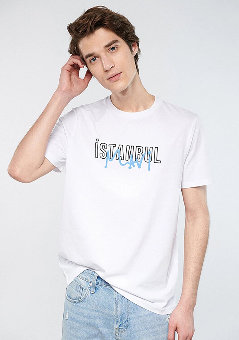 M067114-620 Erkek Beyaz Baskılı T-shirt