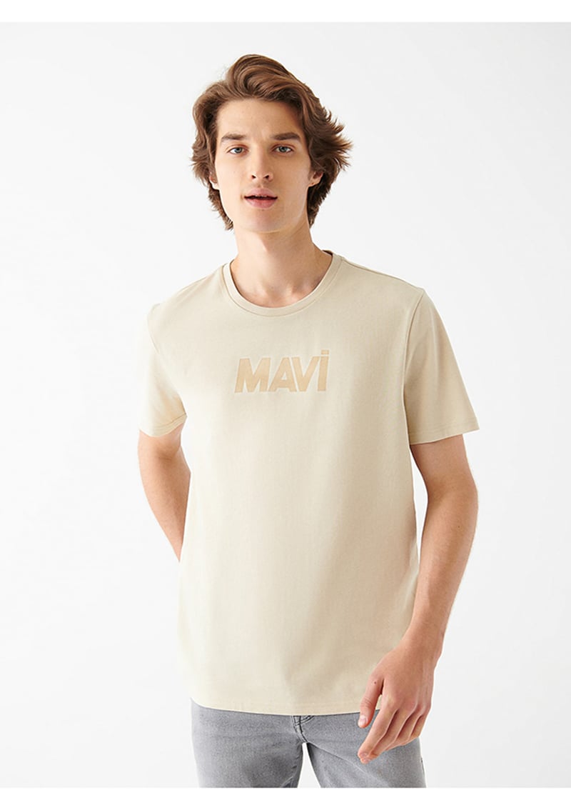 M066846-70322 Erkek Bej Baskılı T-shirt