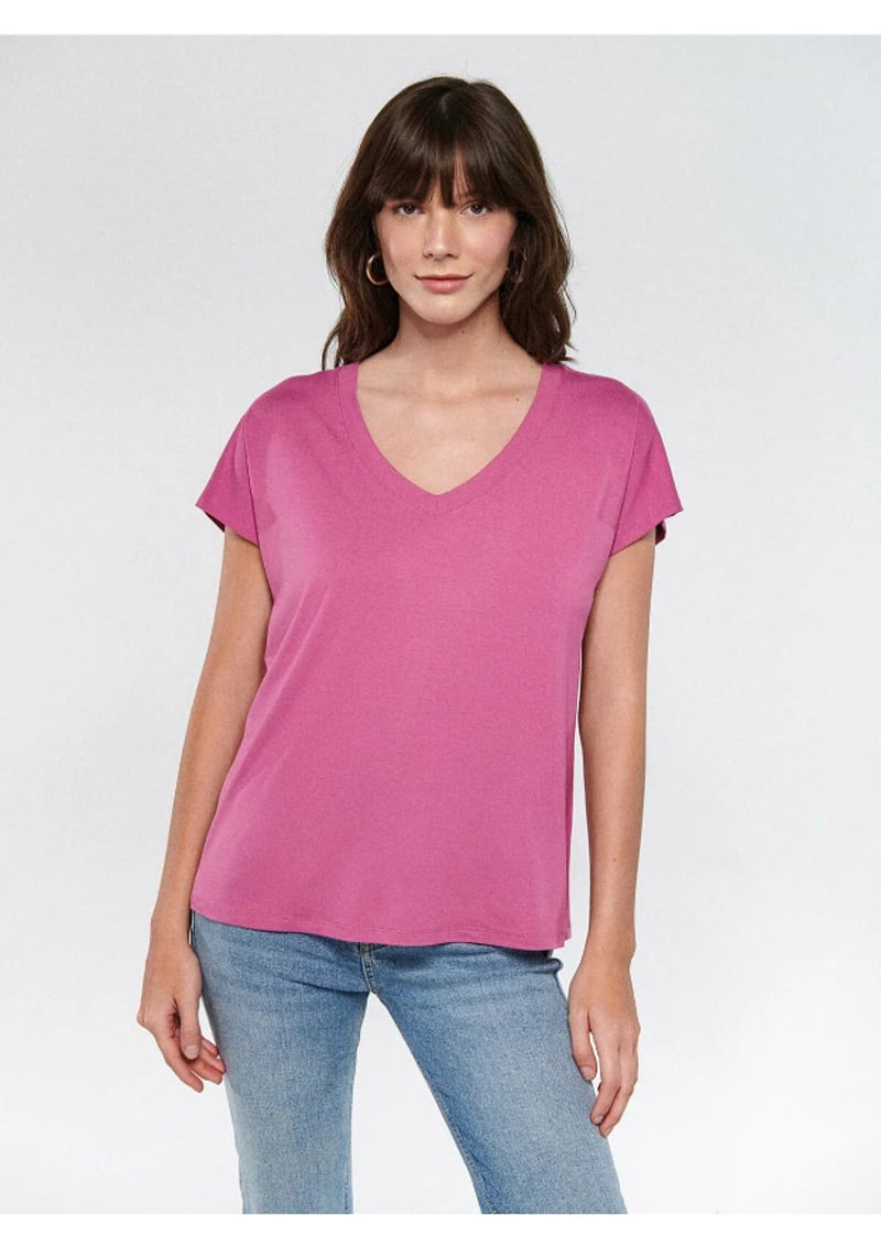 M167714-70955 Kadın Pembe V Yaka T-shirt