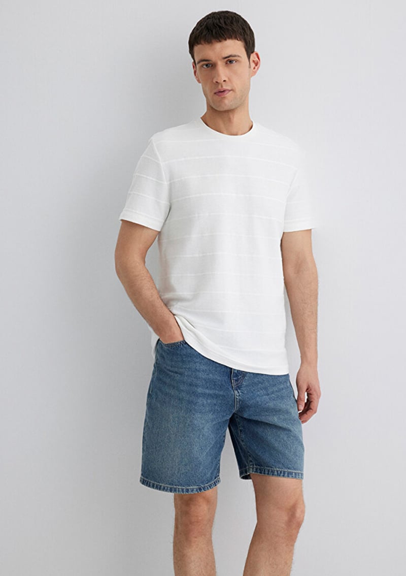 M0611409-70057 Erkek Beyaz Bisiklet Yaka T-shirt