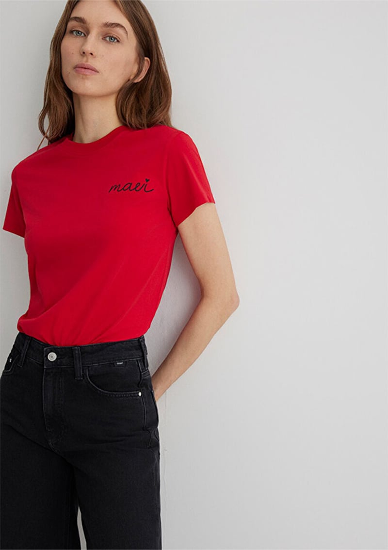 M1612962-82054 Kadın Kırmızı Baskılı T-shirt