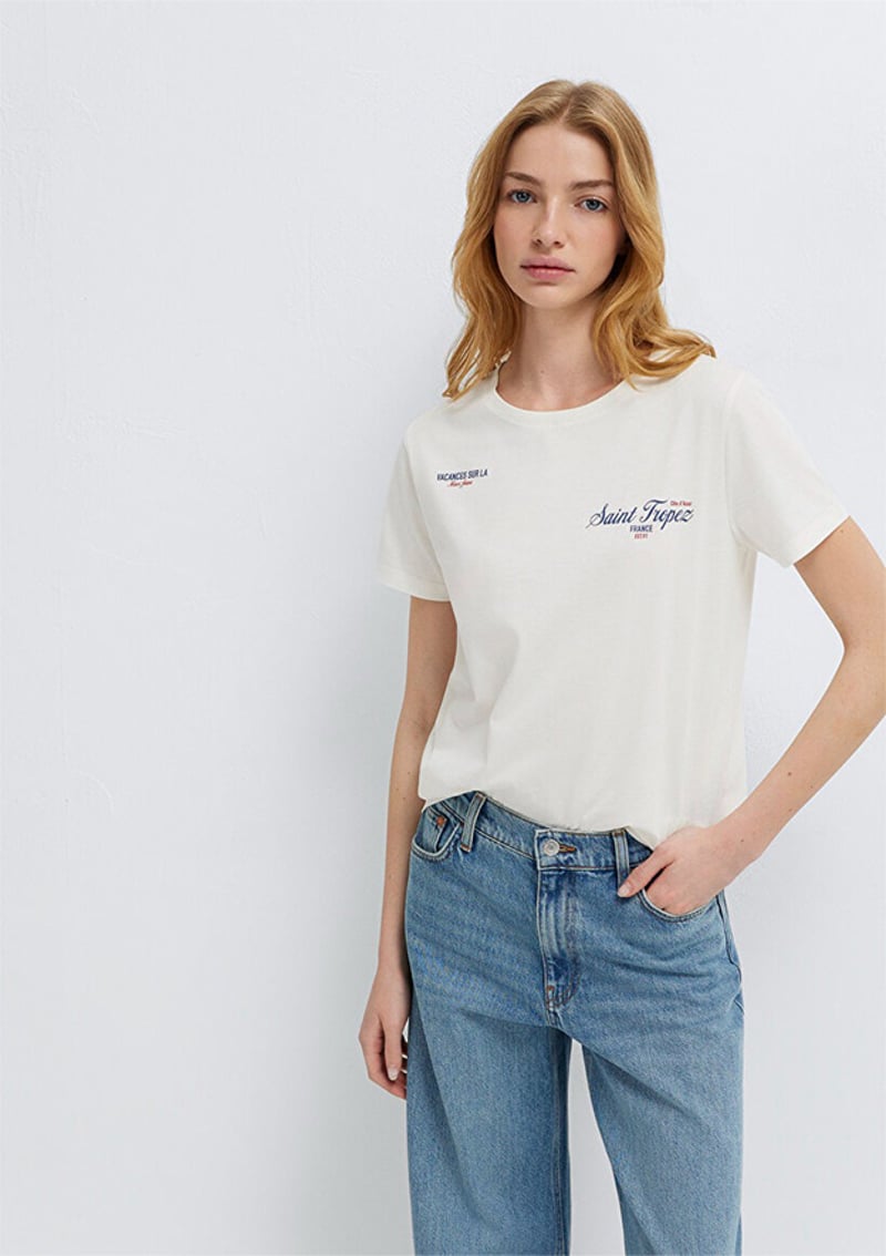 M1613891-80194 Kadın Beyaz Baskılı T-shirt