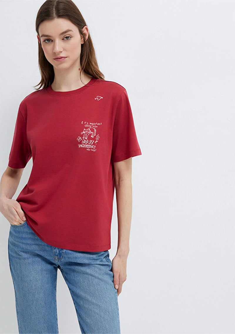 M1613875-70391 Kadın Kırmızı Baskılı T-shirt