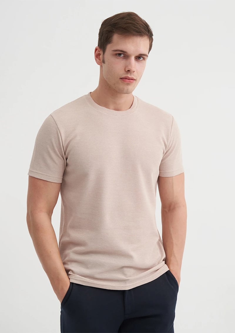 25Yceeo04240 Erkek Bej Bisiklet Yaka T-shirt