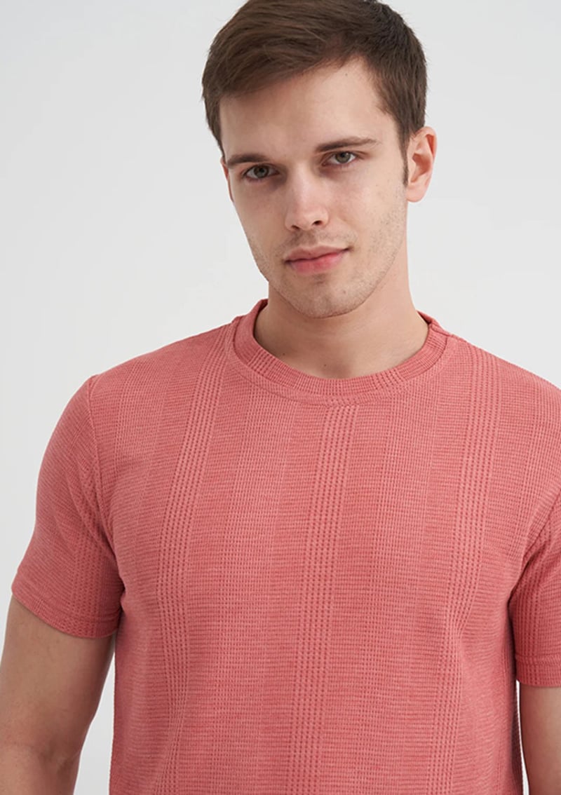 25Yceeo04177 Erkek Pembe Bisiklet Yaka T-shirt