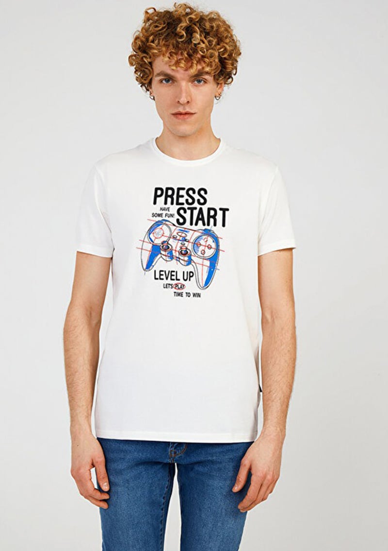 Tc7123 Erkek Beyaz Baskılı T-shirt