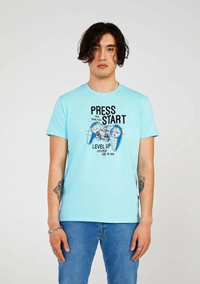 Tc7123 Erkek Mavi Baskılı T-shirt