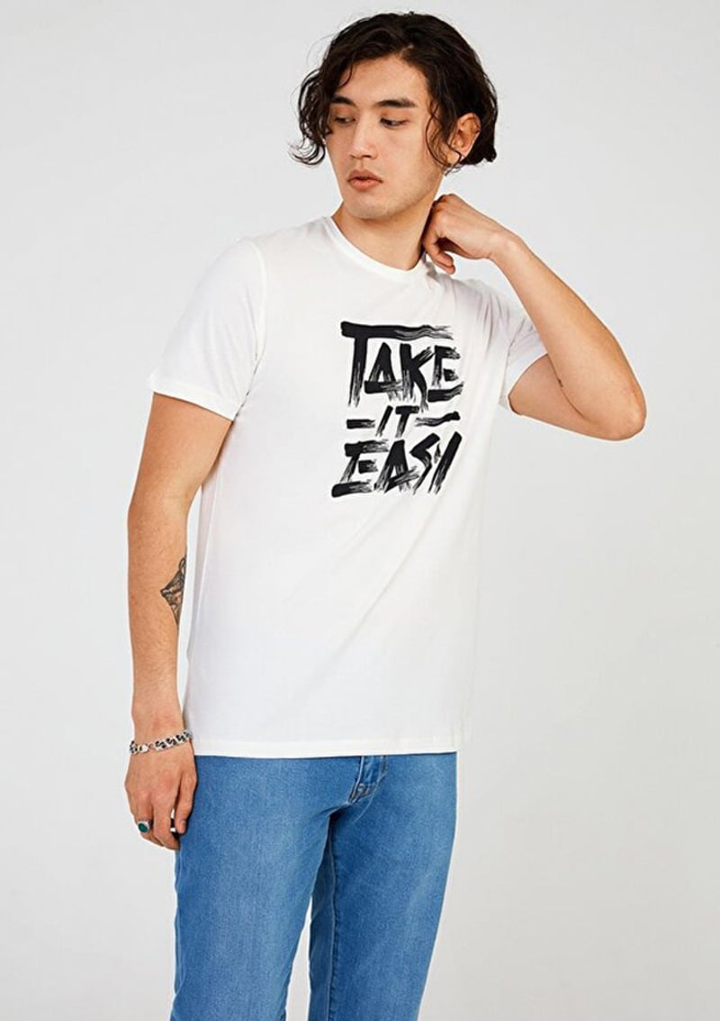 Tc7114 Erkek Beyaz Baskılı T-shirt