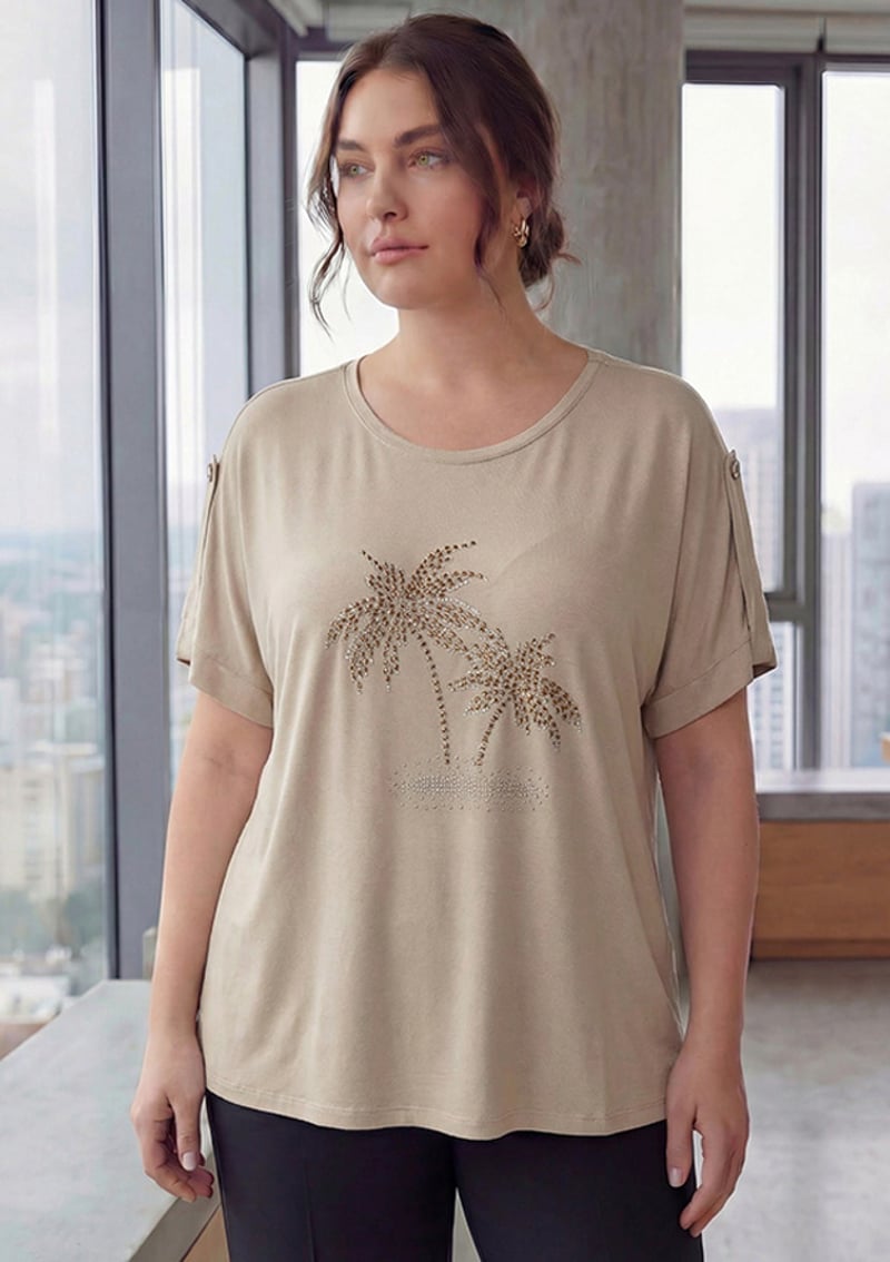 O6836 Kadın Bej Basic T-shirt