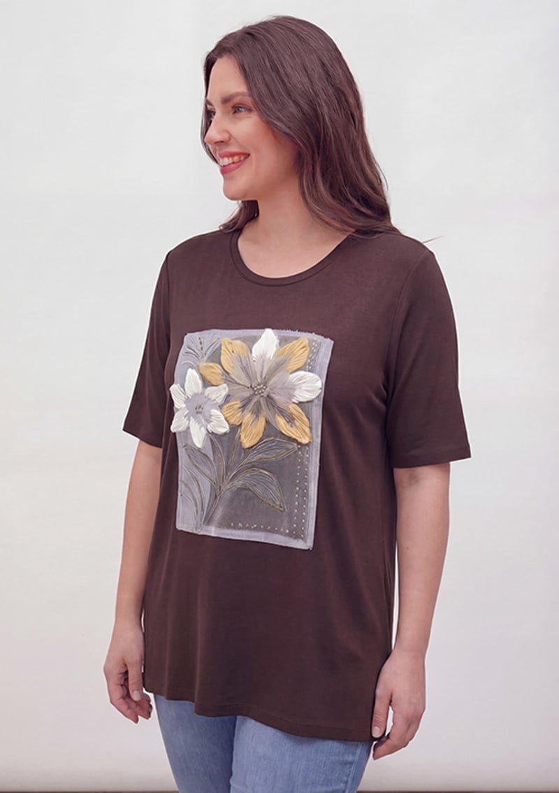 O6902 Kadın Kahverengi Baskılı T-shirt