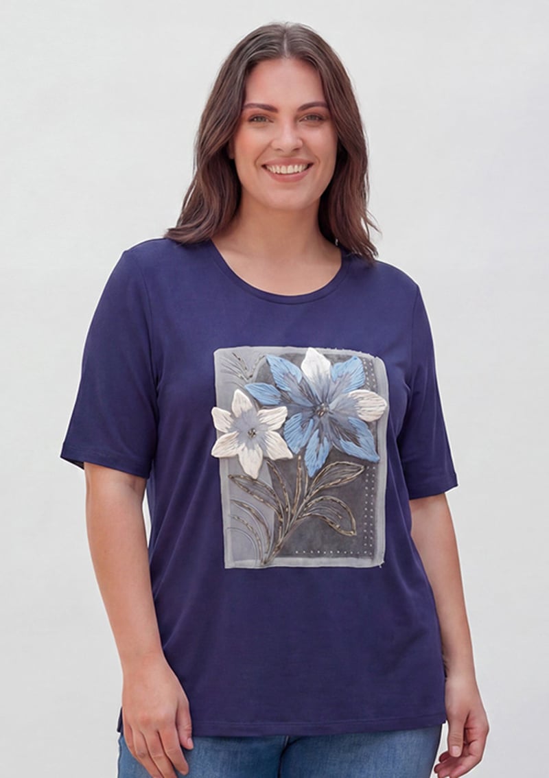 O6902 Kadın Lacivert Baskılı T-shirt