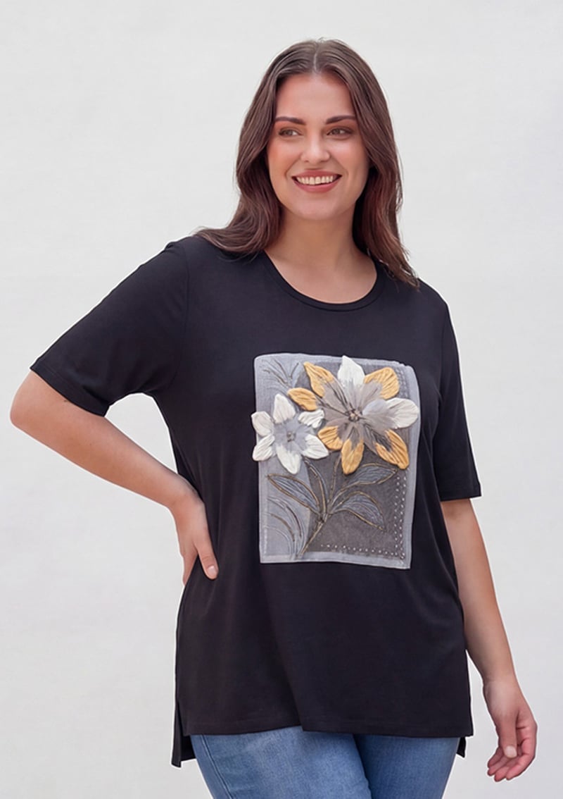 O6902 Kadın Siyah Baskılı T-shirt