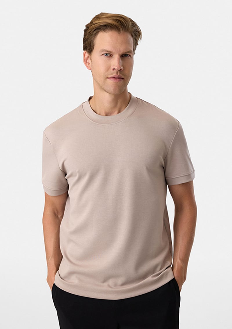 B35S10020 Erkek Bej Bisiklet Yaka T-shirt