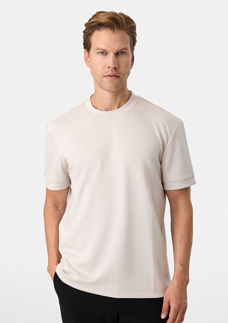 B35S10020 Erkek Bej Bisiklet Yaka T-shirt