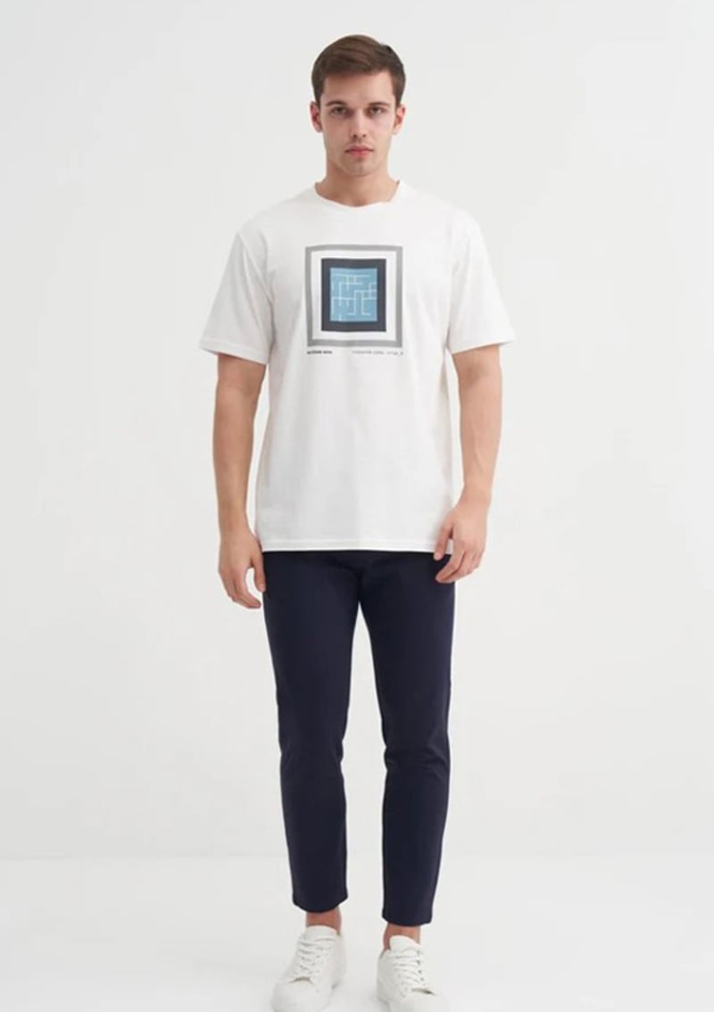 44170 Erkek Beyaz Bisiklet Yaka T-shirt