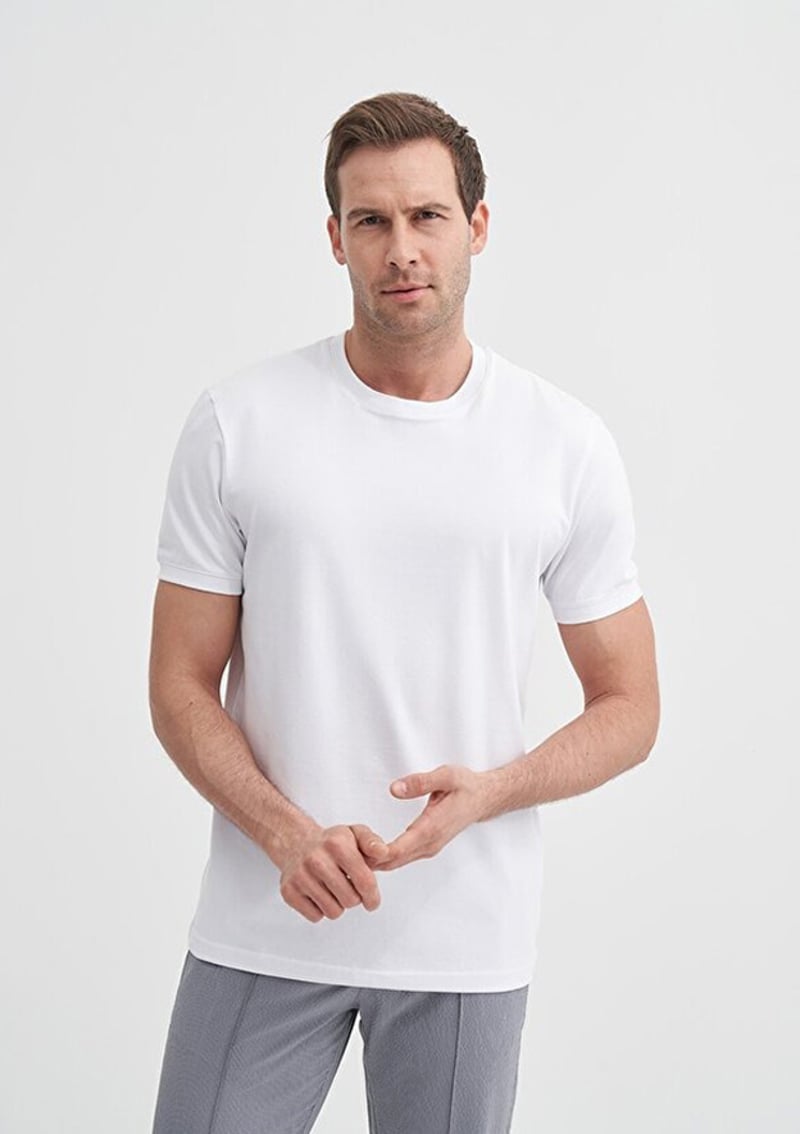 46200 Erkek Beyaz Bisiklet Yaka T-shirt
